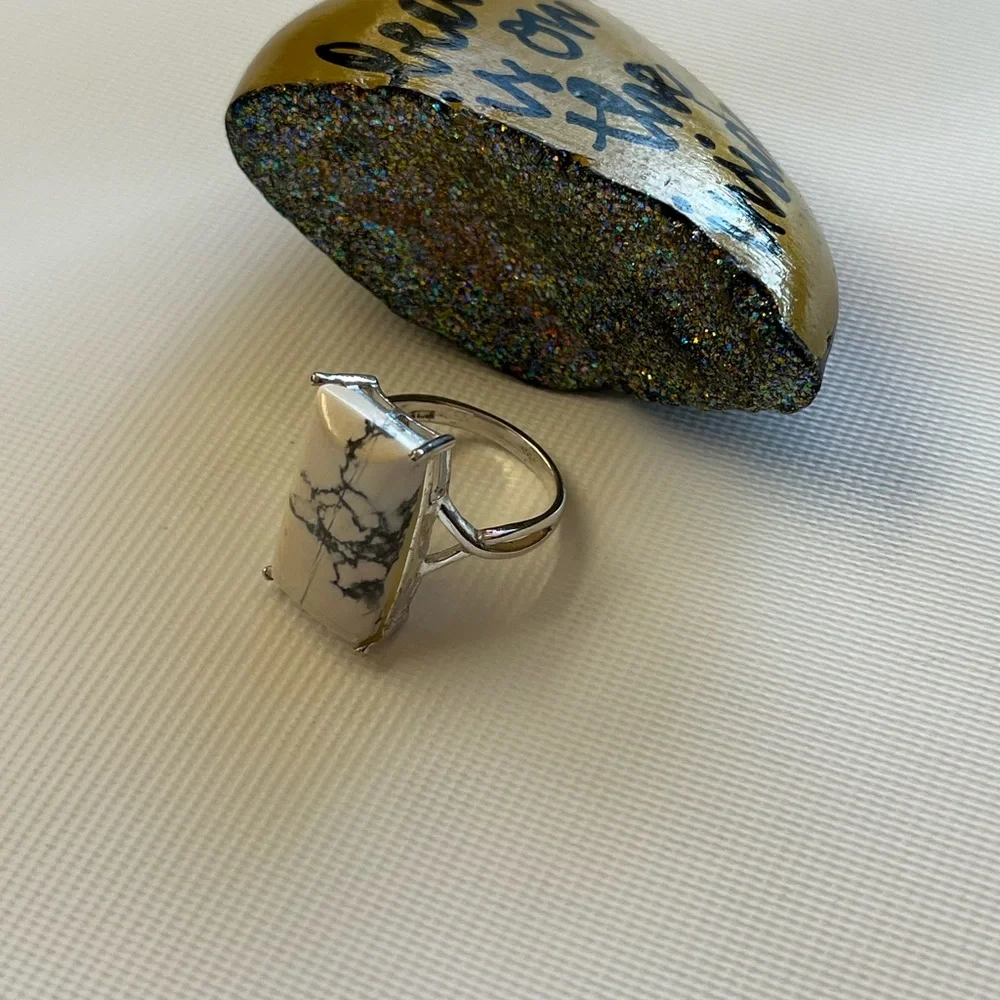 925 Sterling Silver Size 8.5 Marble Square Ring - Picture 4 of 8